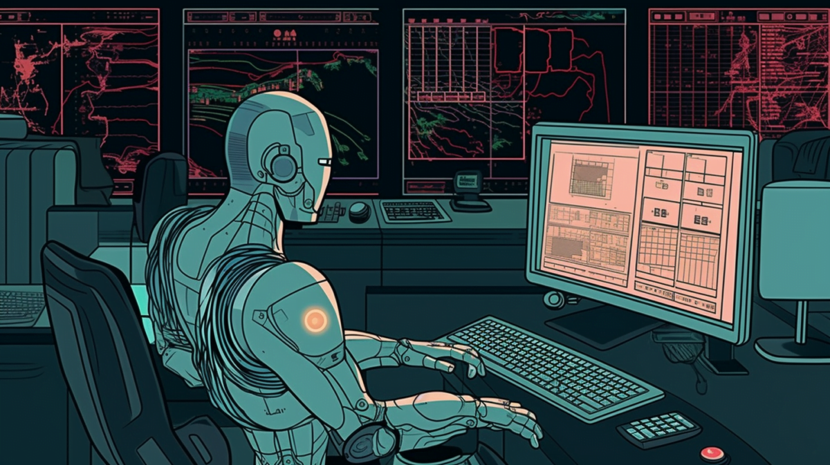 Cartoon-like image of a humanoid in front of a computer